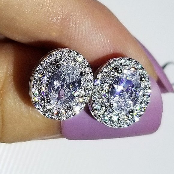 Jewelry - NEW 925 Silver Oval Diamond Halo Earrings